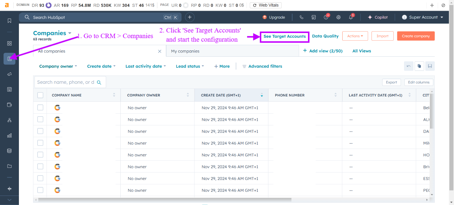Screenshot showing user navigating to HubSpot Target Accounts Index Page