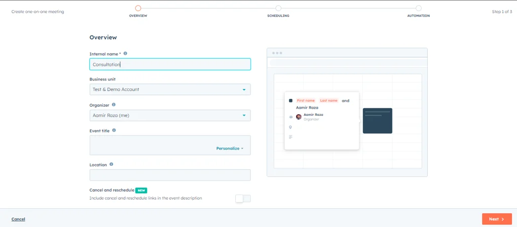 Constructeur de page de planification HubSpot