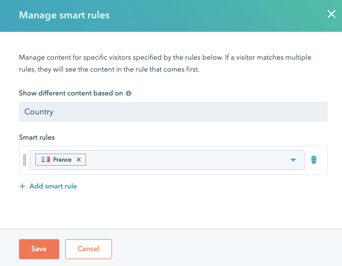 Smart Rules HubSpot | Besucher aus Frankreich sehen einen anderen Standard-Content