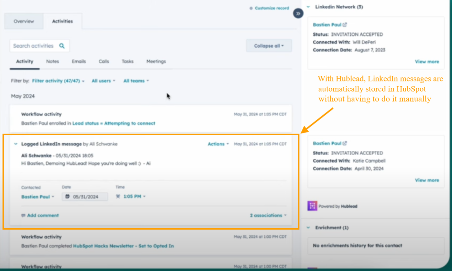 Registra automáticamente mensajes de LinkedIn en HubSpot con Hublead - HubSpot muestra automáticamente los mensajes de LinkedIn