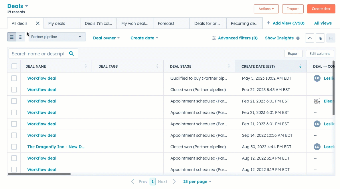 Seven deal stages in the deal pipeline that showcase the customer journey in HubSpot