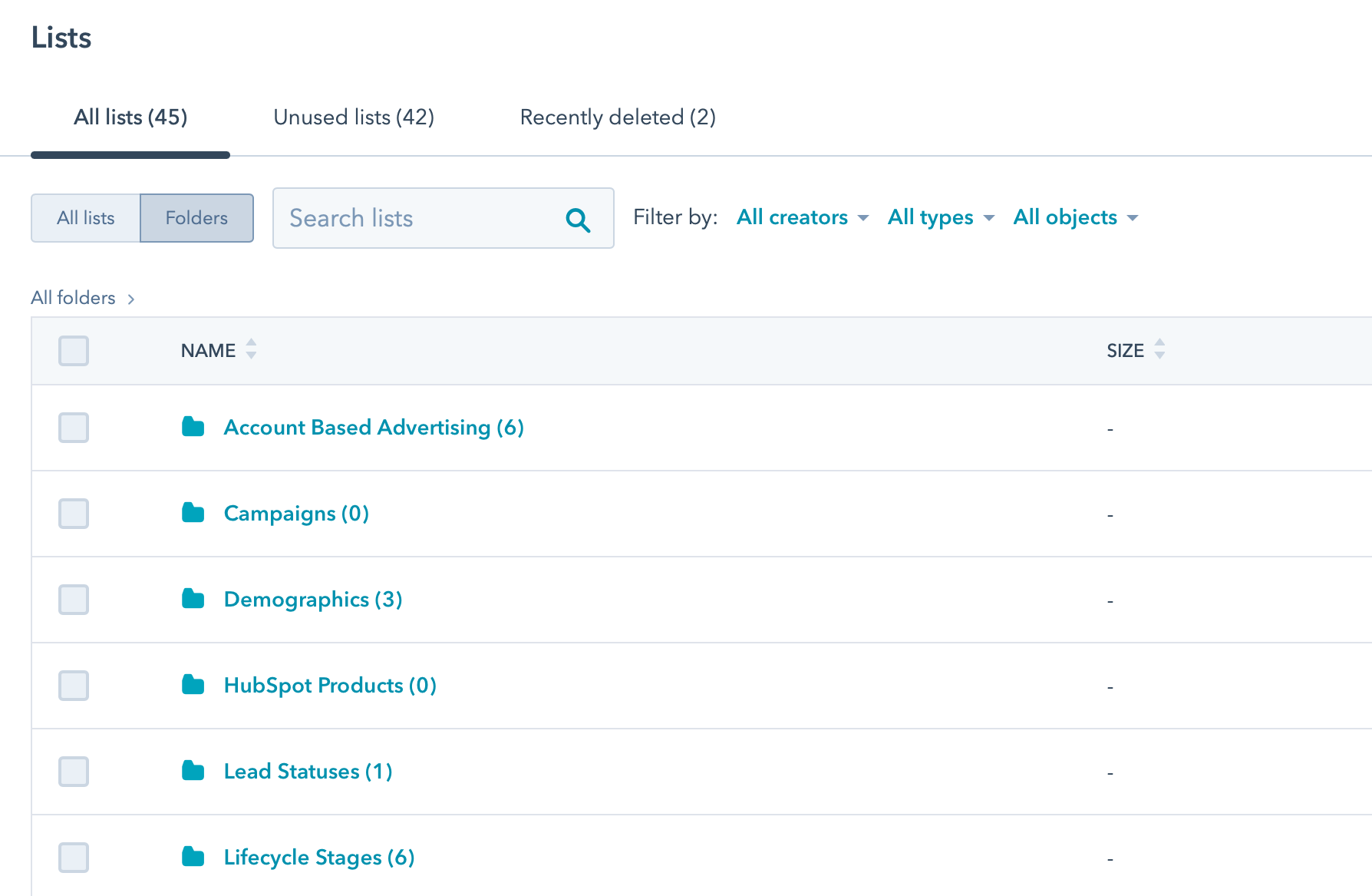 During the list creation, add folders in the upper right based on property values to organize your lists