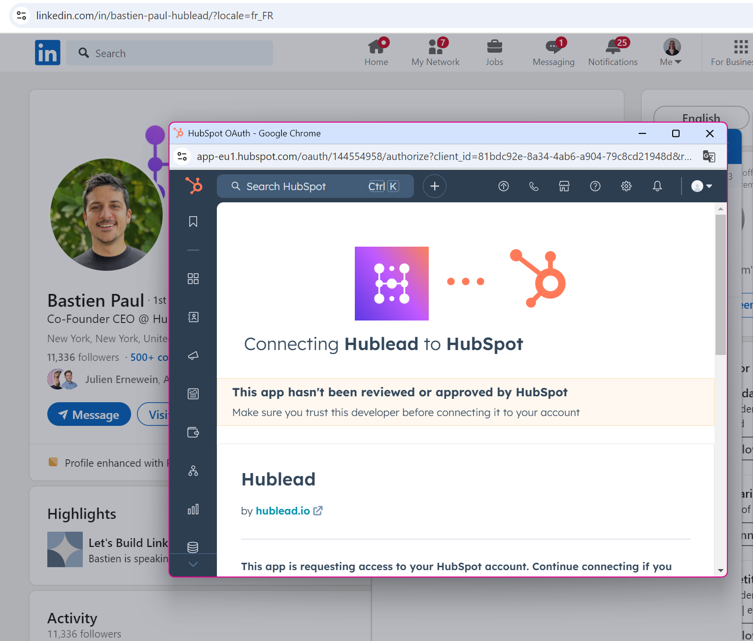 Conecta la Extensión de Chrome Hublead a tu cuenta de HubSpot para sincronizar tus datos de LinkedIn
