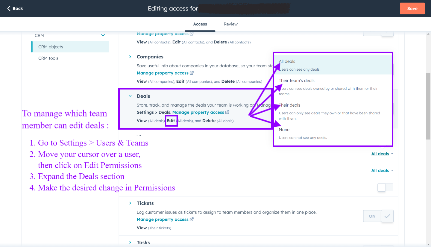 En el CRM de HubSpot, gestiona qué miembros de tu empresa pueden acceder a los recursos de los deals y recopila detalles sobre los datos de HubSpot para el deal