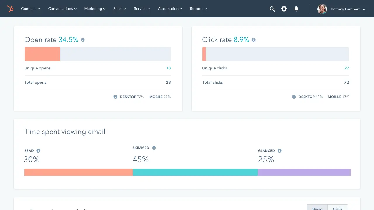 Build Campaigns with Email Marketing Tools | HubSpot - Email Performance Metrics Dashboard - open rates, click-through rates, and conversion rates 