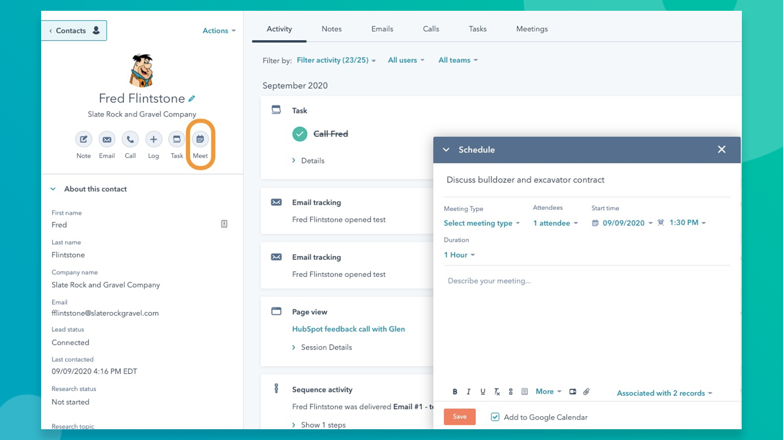 Create meetings directly on the HubSpot record