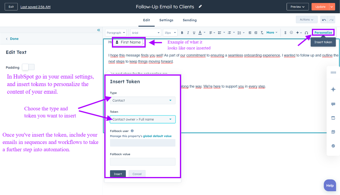 Personalize your bulk emails with tokens and smart content to make it more suitable for multiple contacts in HubSpot