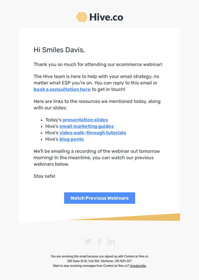 Webinar Follow-up E-Mail-Beispiel von Hive