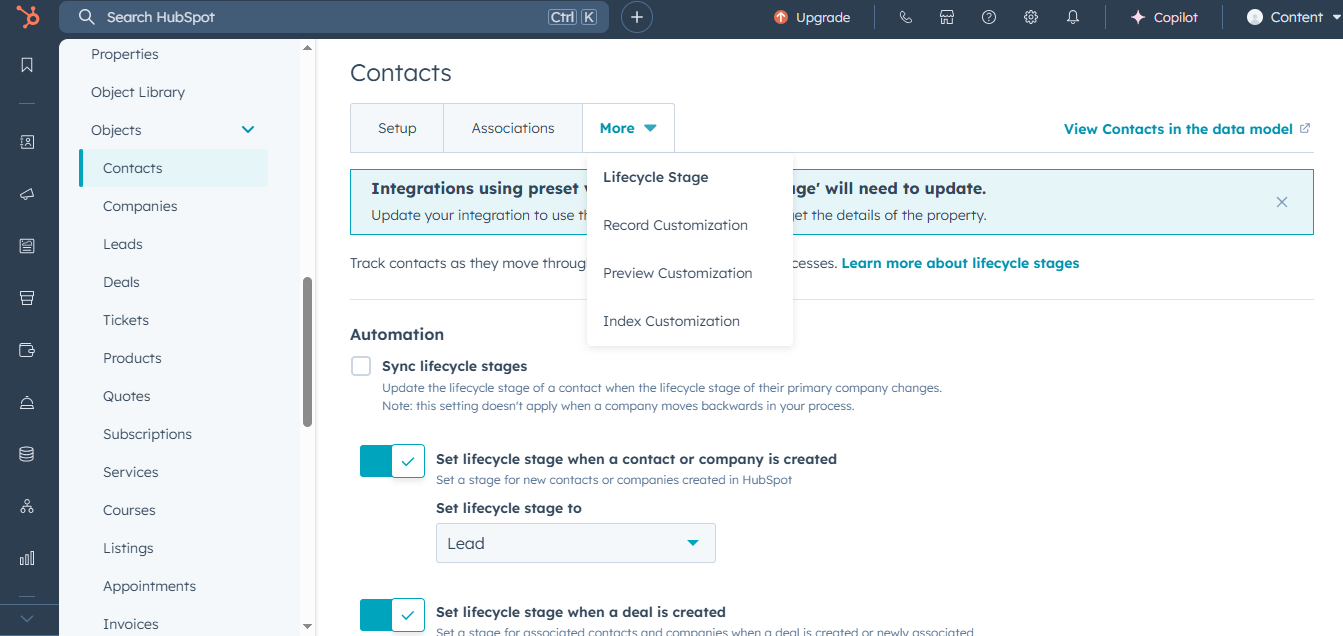 Screenshot of HubSpot's lifecycle stage configuration screen