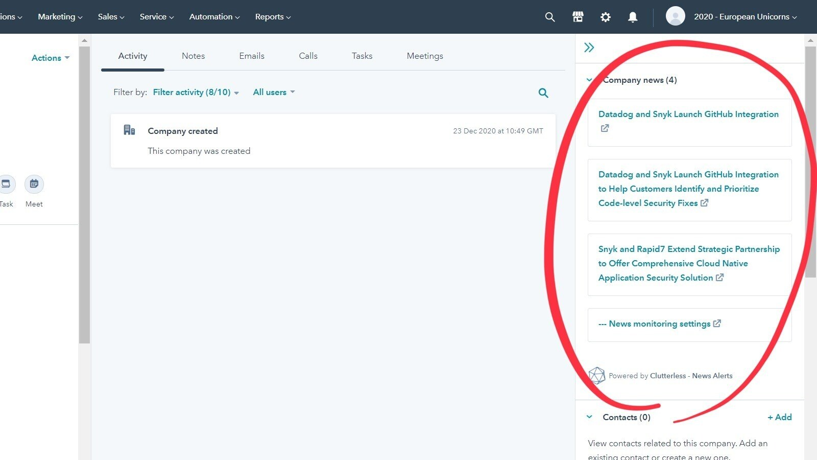 Die neuesten Schlagzeilen erscheinen automatisch auf den HubSpot CRM-Unternehmensseiten über die CRM Cards API