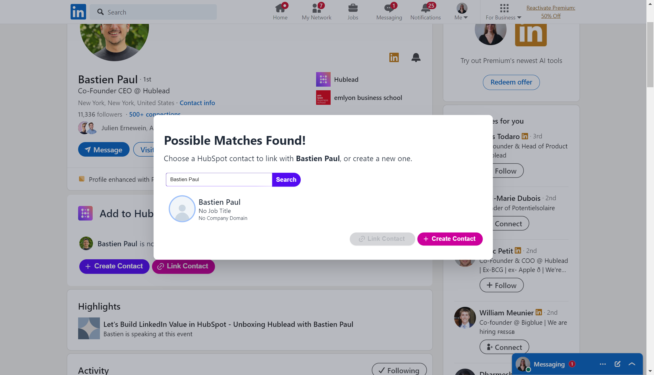 Hublead verifica posibles coincidencias entre LinkedIn y HubSpot para evitar duplicados en el CRM