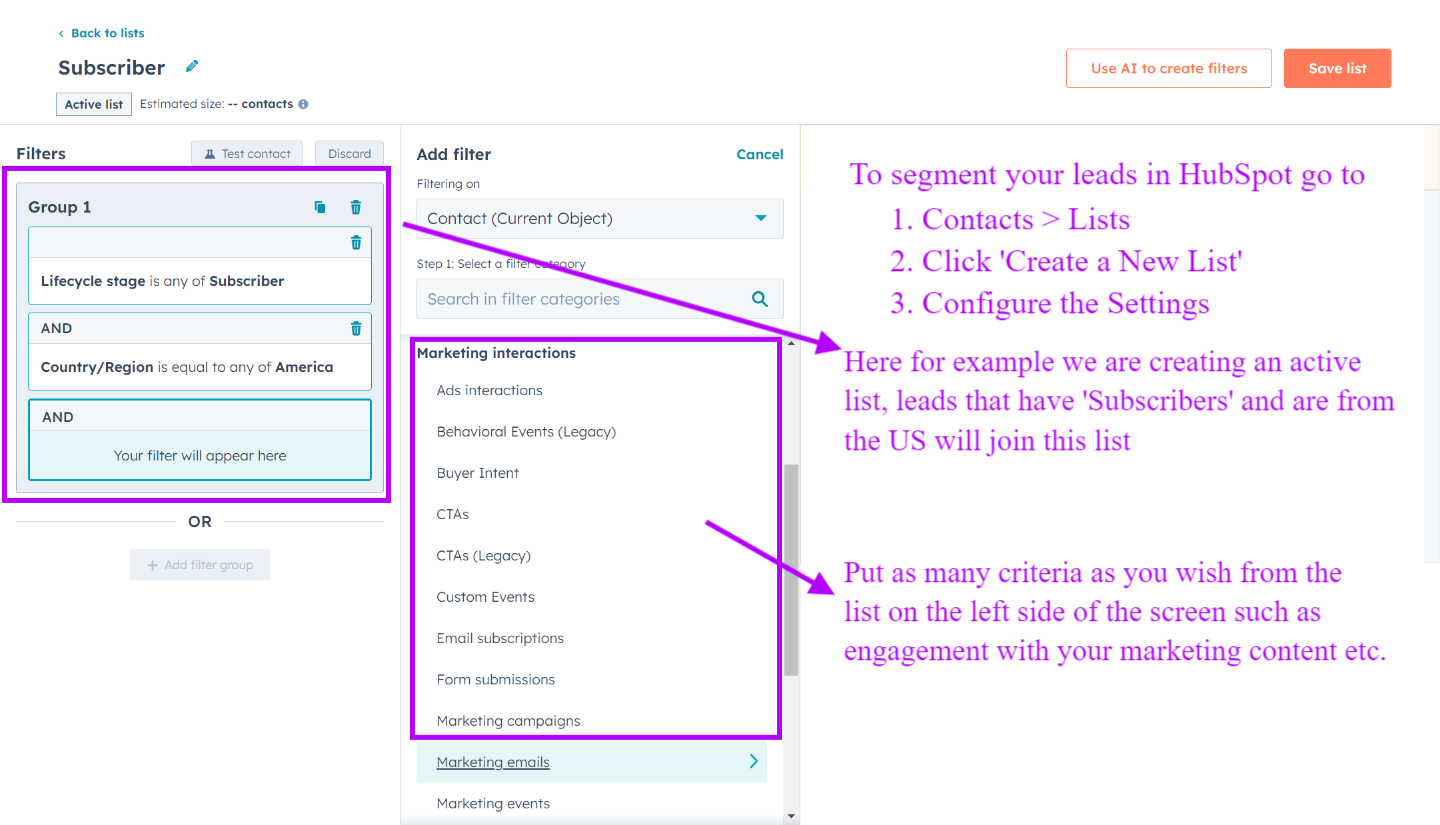 HubSpot Lead Segmentation with Lists for customers personalized experience