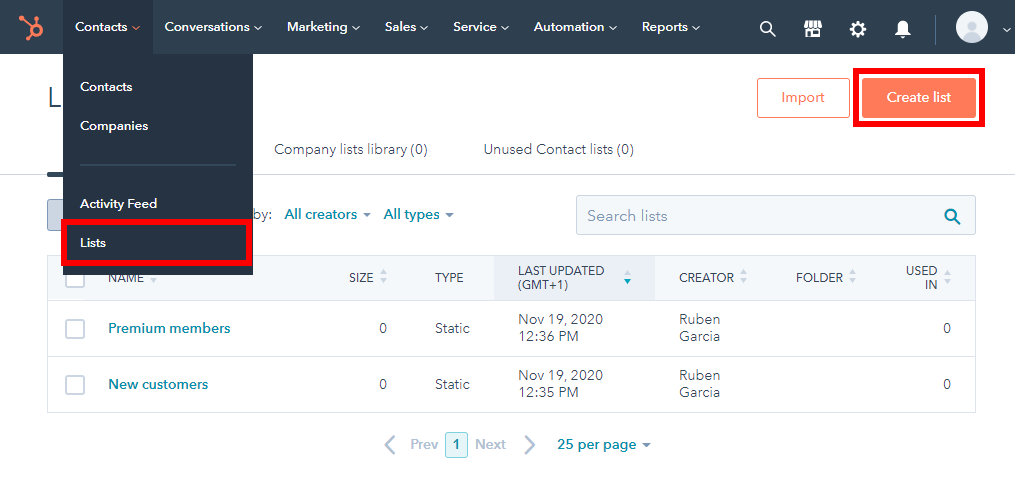In the contact dropdown menu on the upper left search for Lists and click details