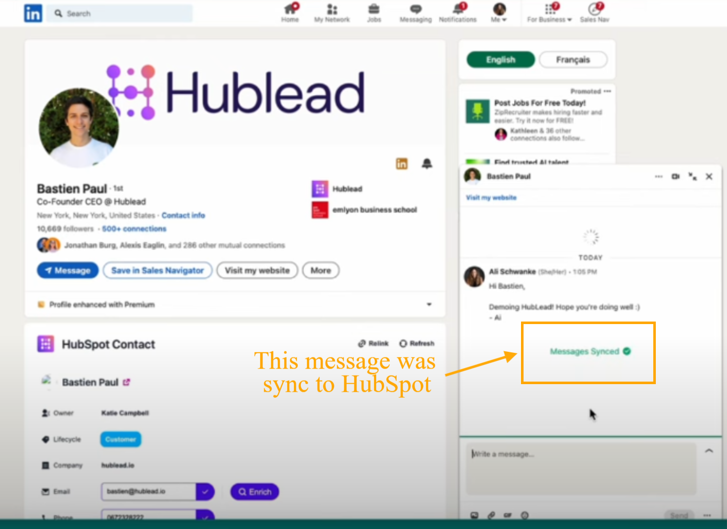 Sincroniza mensajes de LinkedIn con HubSpot en 1 clic con la Extensión de Chrome Hublead | botón de sincronización de conversaciones