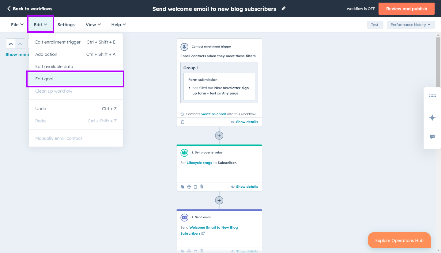 HubSpot Workflow-Editor - mehrere Kriterien und Ziele für deinen kontaktbasierten Workflow hinzufügen