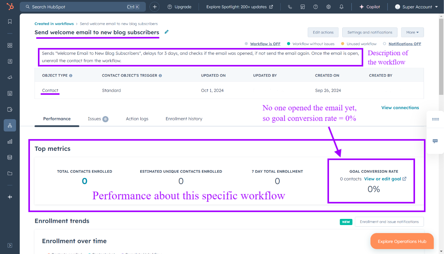 Mit HubSpot Marketing Hub Professional die Ziel-Konversionsrate deines Workflows überprüfen