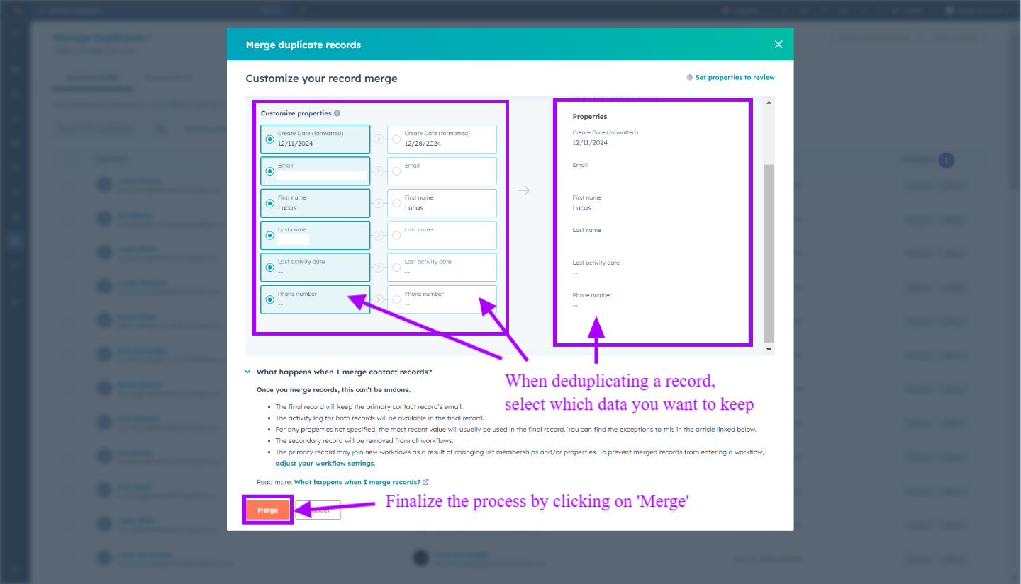 HubSpot manual merge dialog comparing two contact records