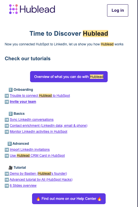 Free trial onboarding email example from Hublead