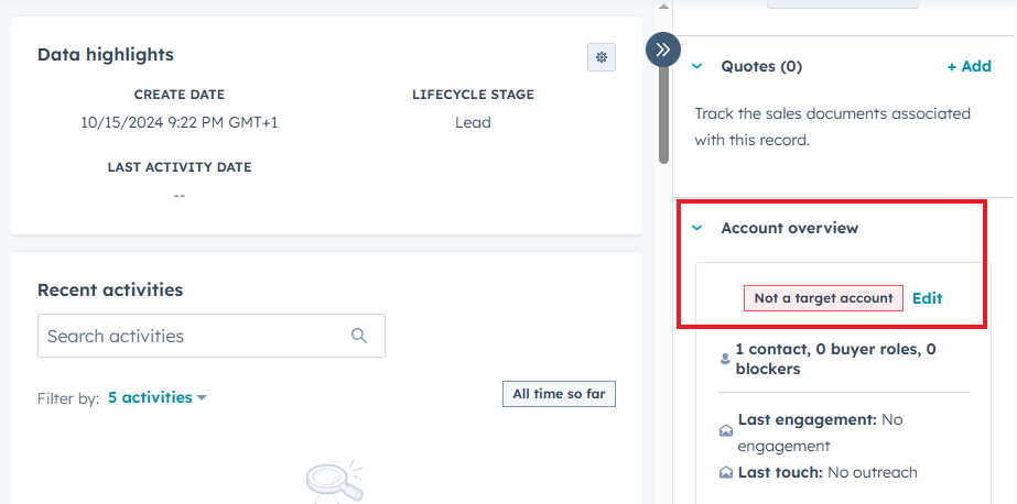 Screenshot showing HubSpot company record and target account property.