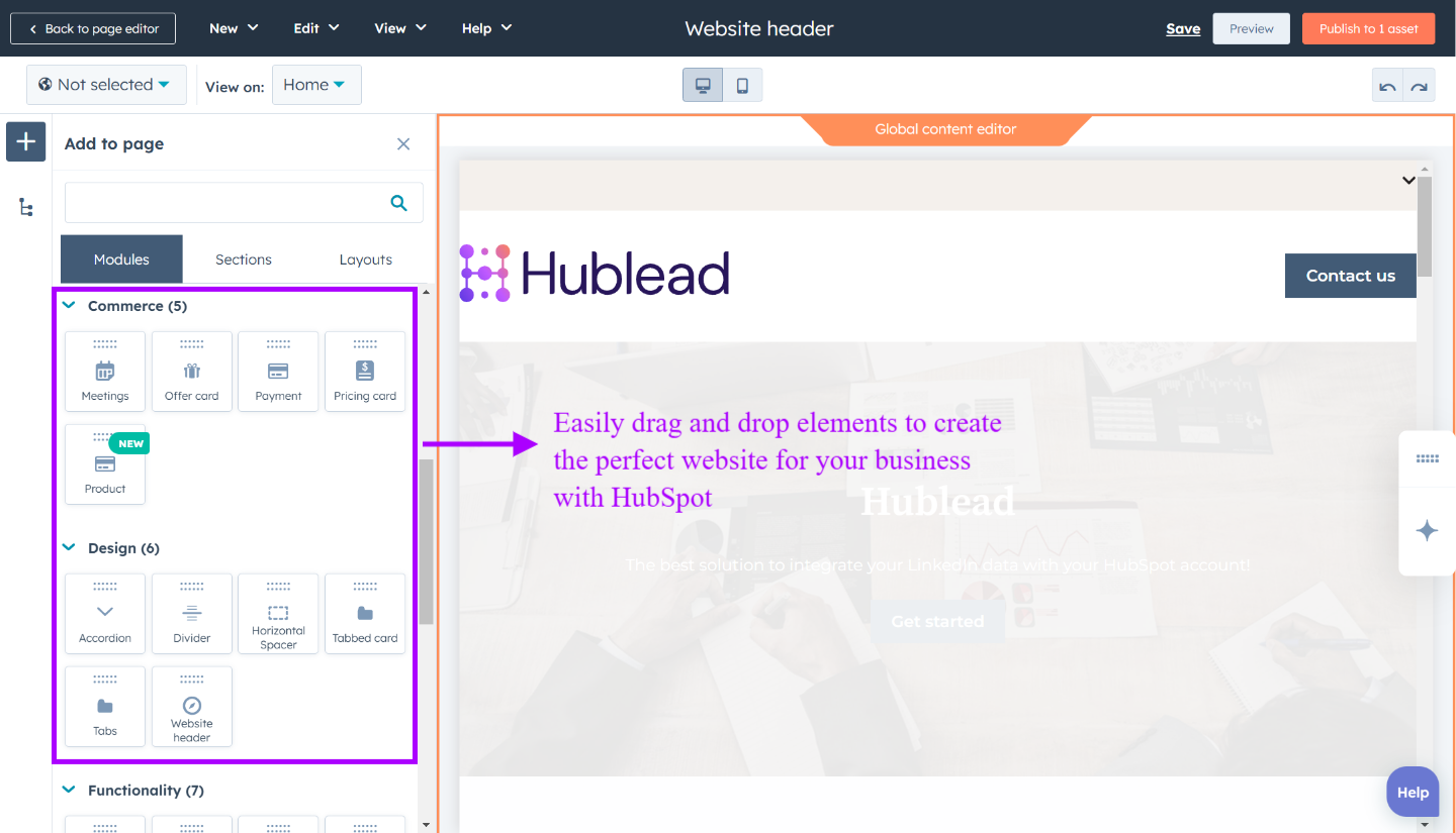 HubSpot drag and drop editor to easily create a responsive and SEO-friendly website 