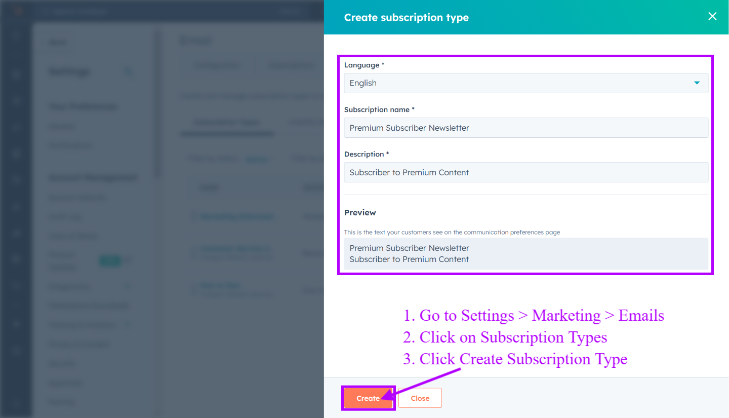 Create HubSpot Subscription Type