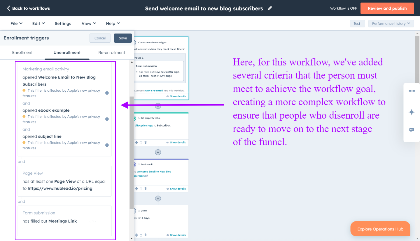 In HubSpot mehrere Kriterien zu Workflow-Zielen hinzufügen, damit nur Kontakte abgemeldet werden, die bereit sind, im Funnel voranzukommen