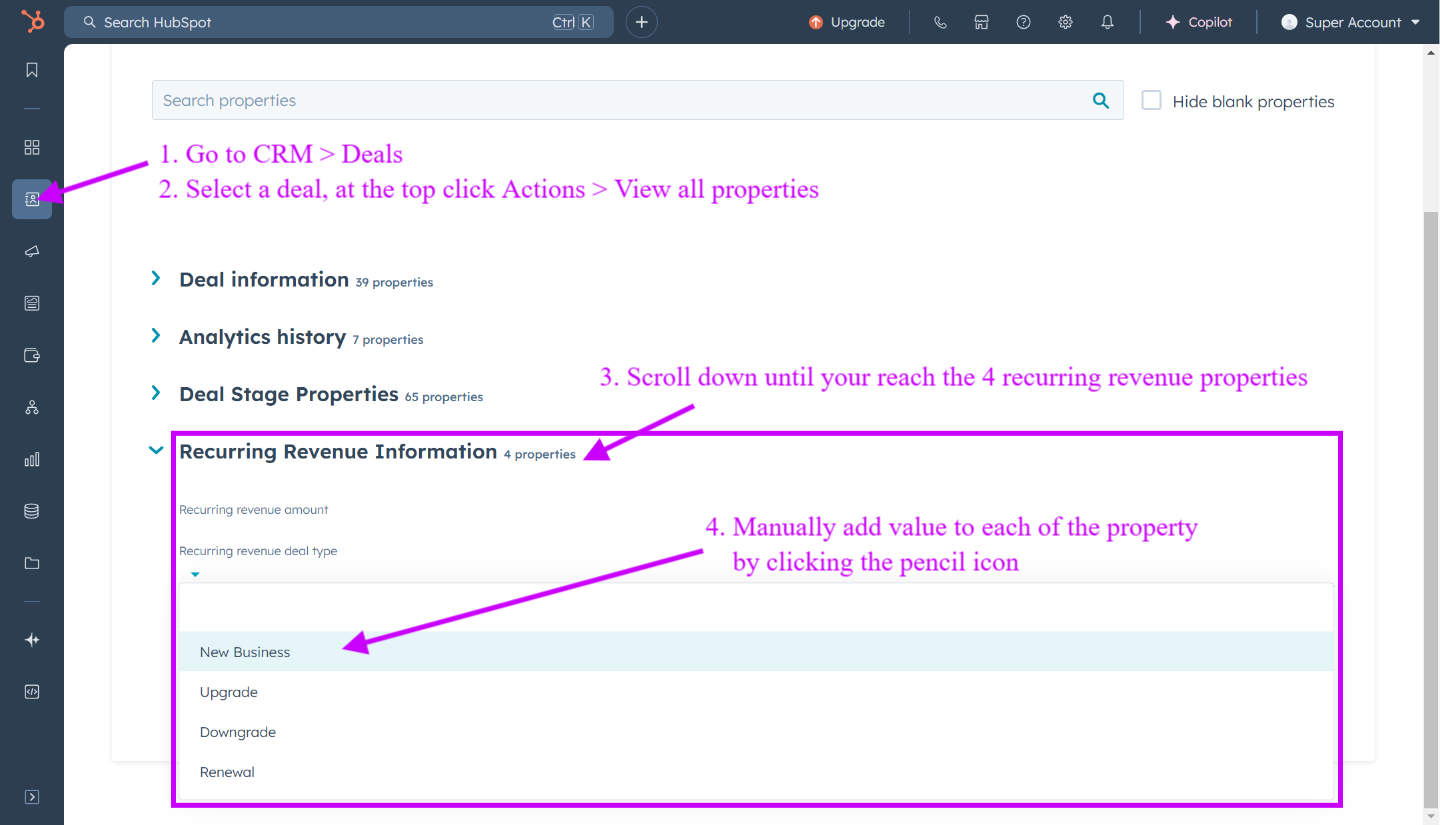 Editar y añadir valores a las propiedades de ingresos recurrentes en HubSpot