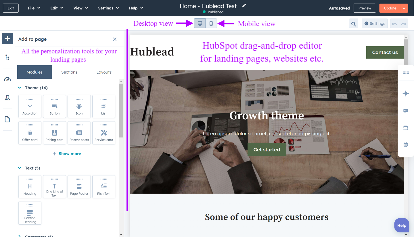 No-coding drag-and-drop editor in HubSpot Platform - content management system
