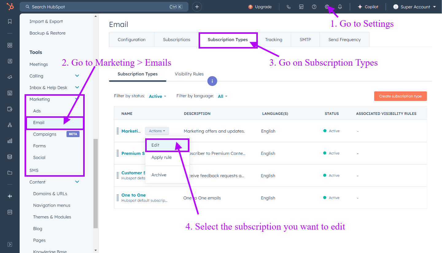 HubSpot Subscriptions Types Settings