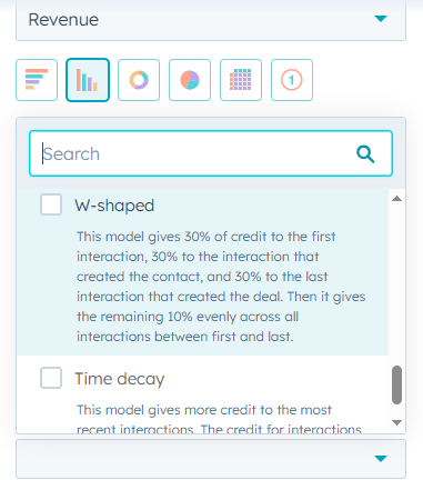 Screenshot showing attribution model selection in HubSpot
