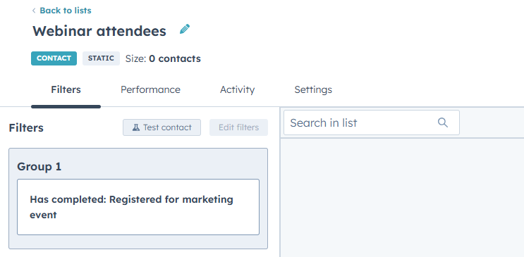 HubSpot Static Lists Example - group contacts and participation do not change over time