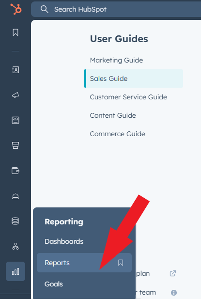 Screenshot showing reports option on HubSpot navigation bar