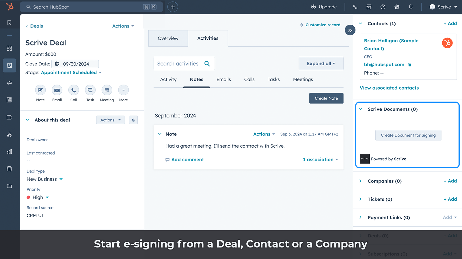 Scrive esigning from a Deal, Company or Contact.