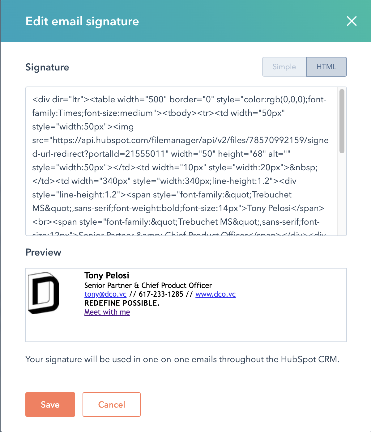 Lien de réunion dans la signature HubSpot