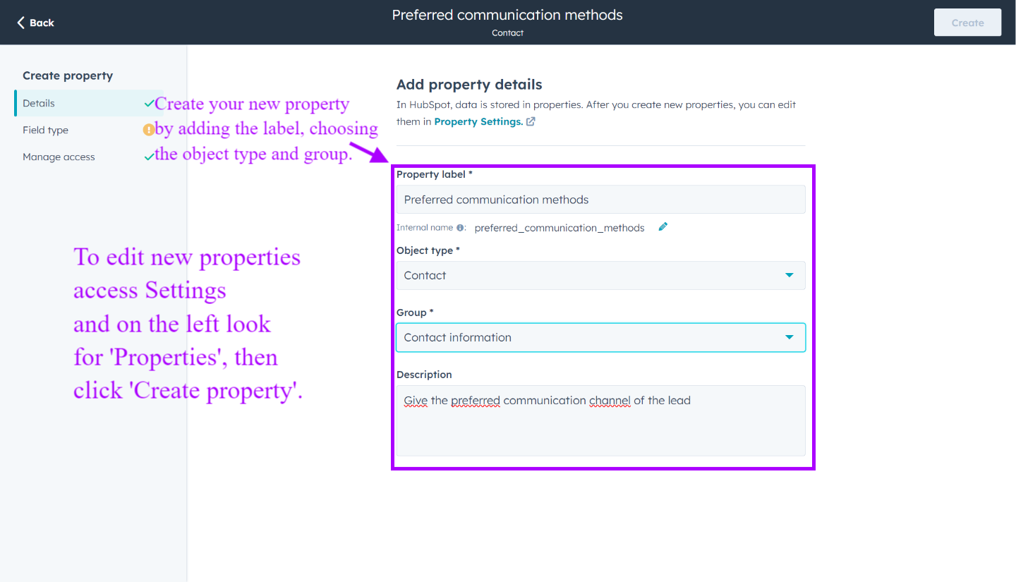 Create custom properties in HubSpot to store relevant key information on your key stakeholders 