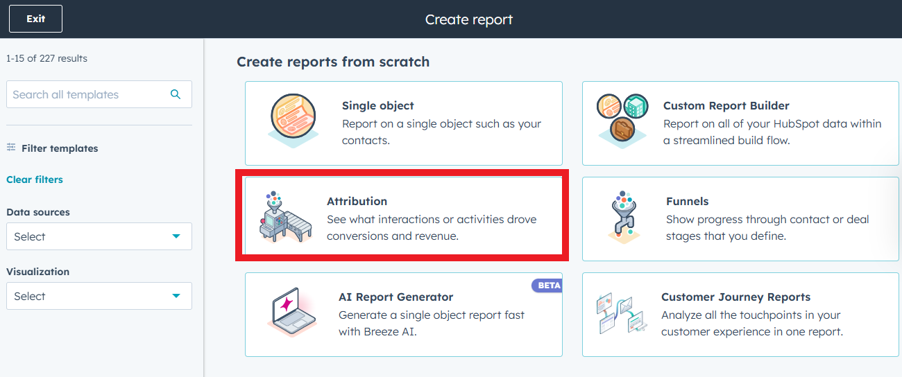 Screenshot showing the attribution report selectoin in HubSpot