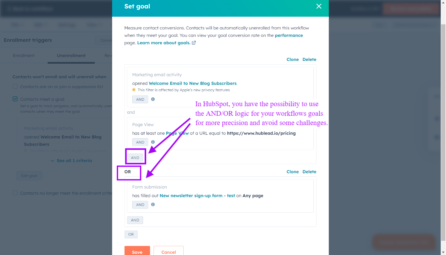 Im Ziele-Tab die AND/OR-Logik für deine Workflow-Ziele verwenden - HubSpot