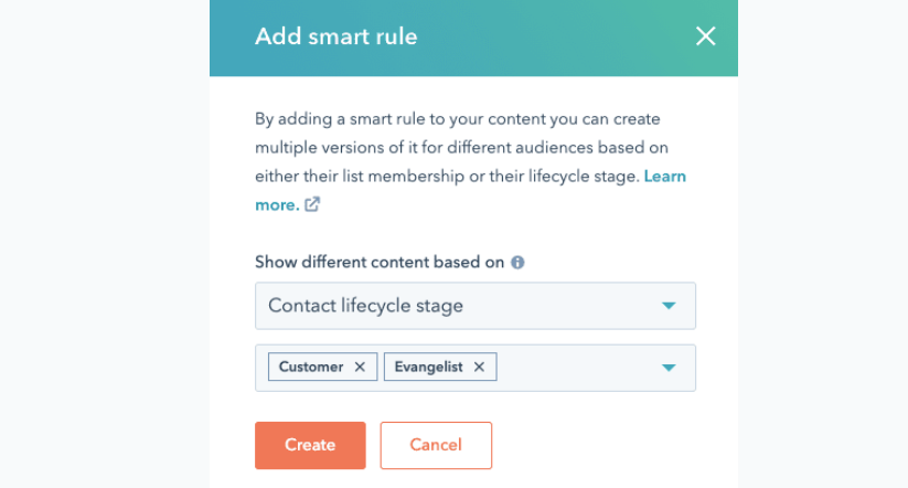 Wähle aus dem Dropdown-Menü eine Smart Rule für Marketing-E-Mails, um die Betreffzeile basierend auf dem Rule-Typ zu personalisieren – klicke auf Erstellen