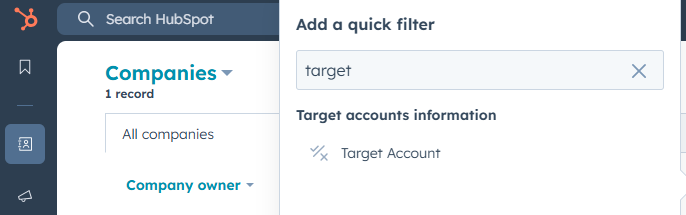 Screenshot of user applying a filter to display HubSpot target accounts in company view.