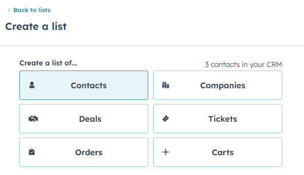 Screenshot - creating a list in HubSpot