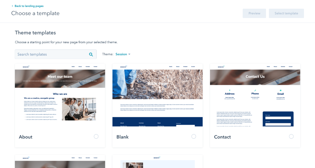 La biblioteca de plantillas de landing page de HubSpot