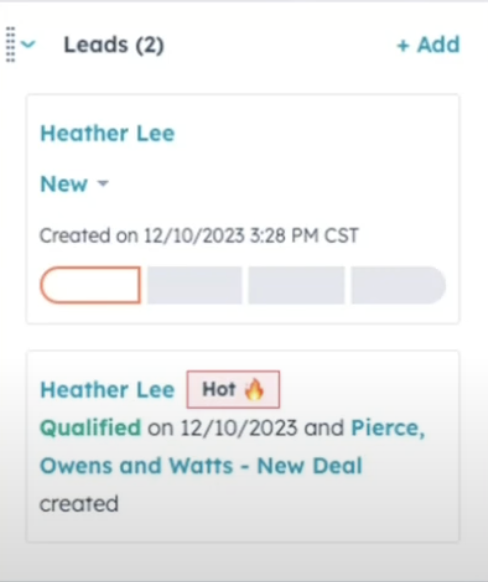 Übersicht des HubSpot Lead Objects in CRM Cards