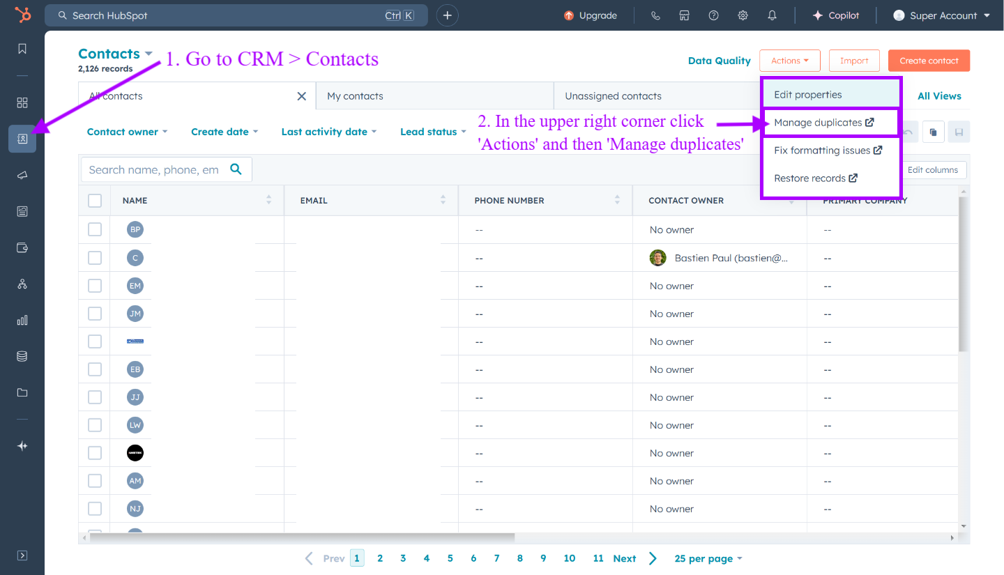 HubSpot Manage Duplicates tool showing duplicate contact pairs