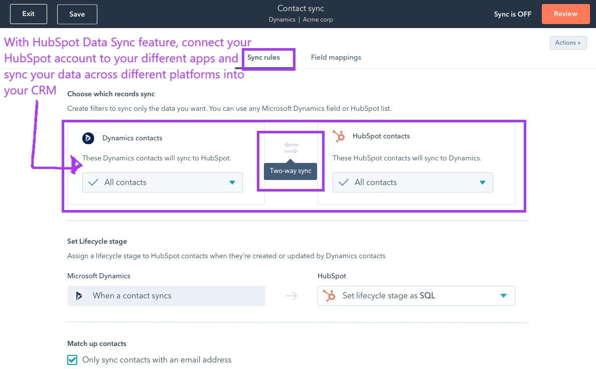 Herramienta de sincronización de datos en HubSpot para tener en un solo lugar todos los datos de contactos y empresas recopilados y almacenados