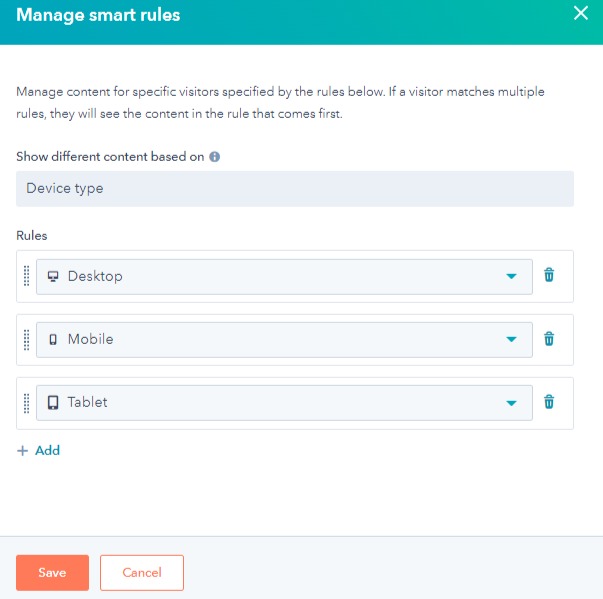 Wähle ‘Smart Rules verwalten’ und wähle Gerätetyp als Smart Rule Kategorie in HubSpot, um Content für Mobil- und Desktop-Nutzer zu personalisieren | Smart Variation