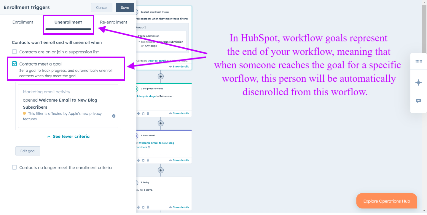 HubSpot | Workflow-Ziel für kontaktbasierten Workflow, der Kontakte automatisch abmeldet, sobald die Zielkriterien erfüllt sind