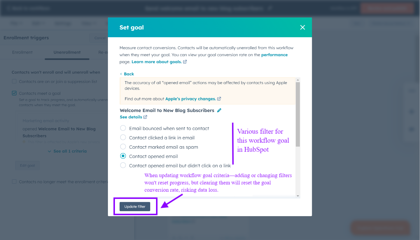 Im Ziele-Tab das Zielkriterien-Filter bearbeiten, um das Ziel deines Workflows zu aktualisieren | HubSpot