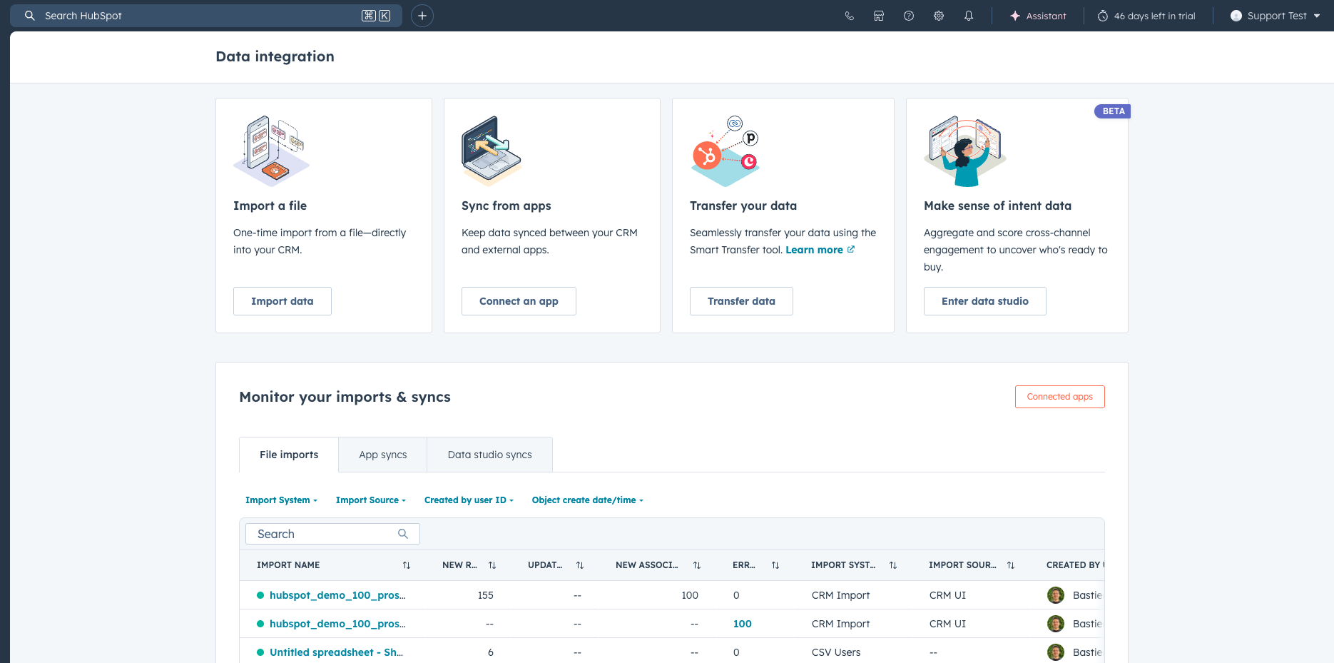 HubSpot Datenintegrations- und Importseite