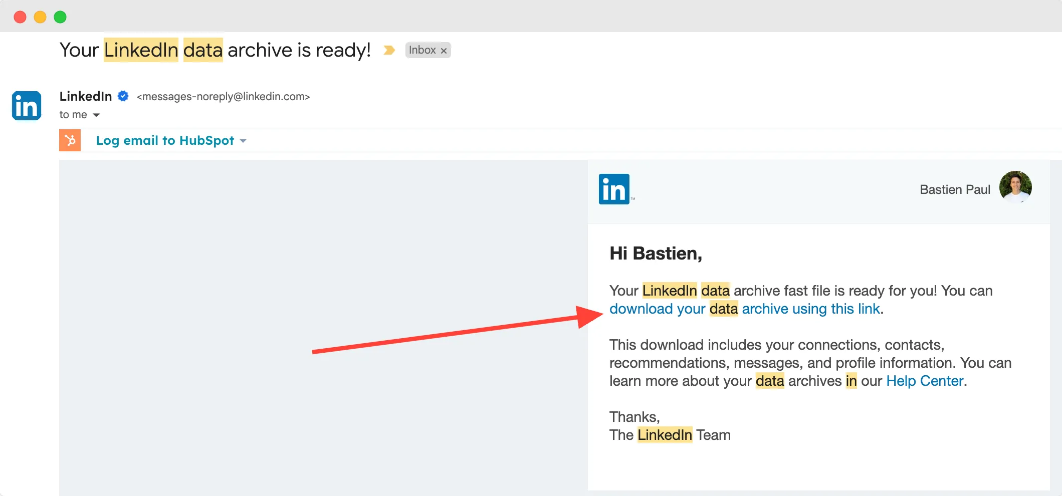 download linkedin data archive gmail email