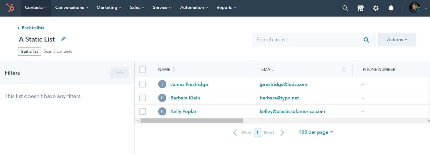Contacts Dashboard of a static list in HubSpot